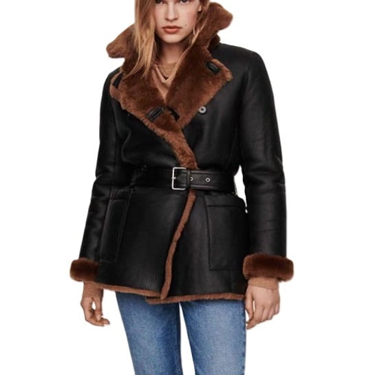 Wendy – Womens Black Double Breasted Leather Shearling Jacket - TrendsFort