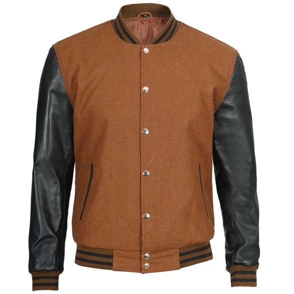 Mens-Brown-Varsity-Jacket-With-Black-Leather-Sleeves-closed
