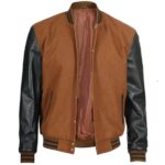 Mens-Brown-Varsity-Jacket-With-Black-Leather-Sleeves-open