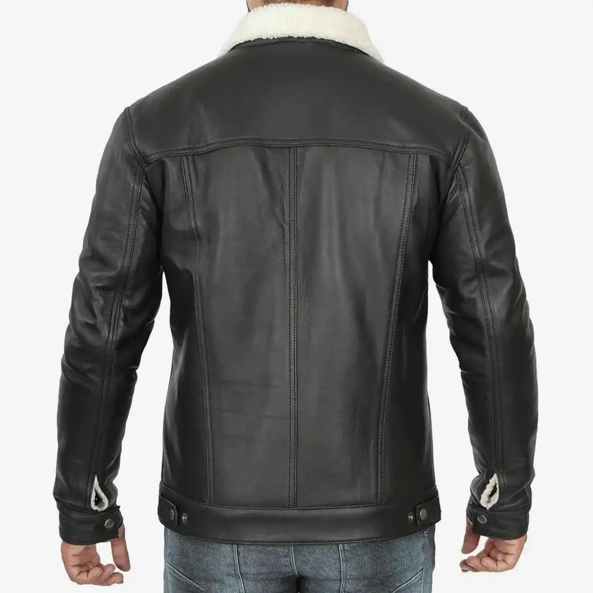 Men Lambskin Black Trucker Jacket with Faux Shearling Sale