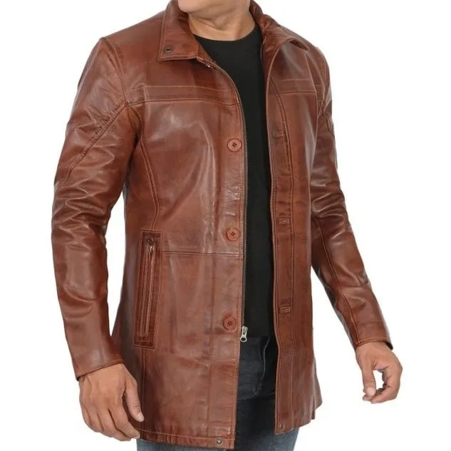 Mens Leather Car Coat Cognac at Trendsfort