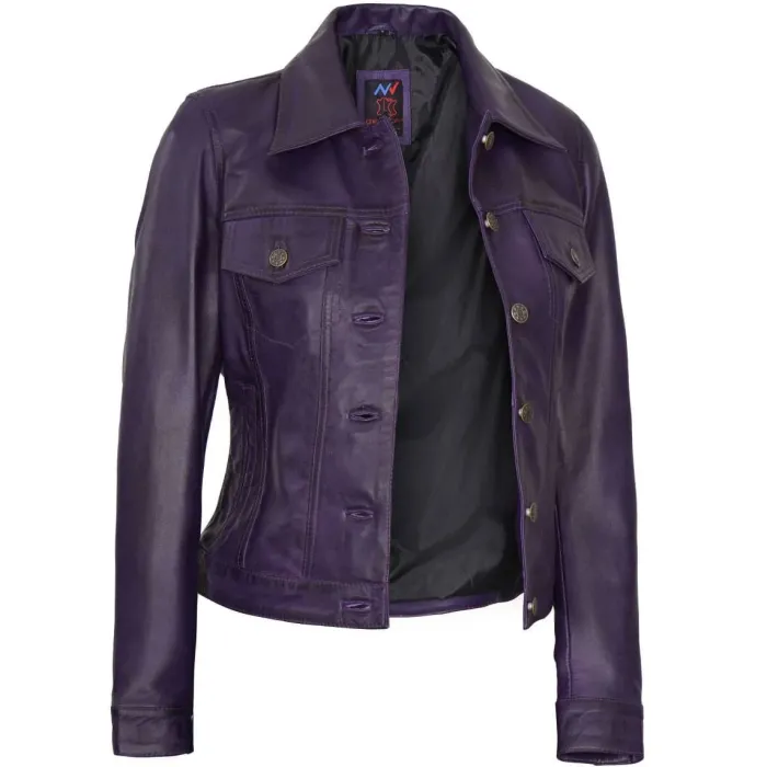 Purple Leather Trucker Jacket Women for sale