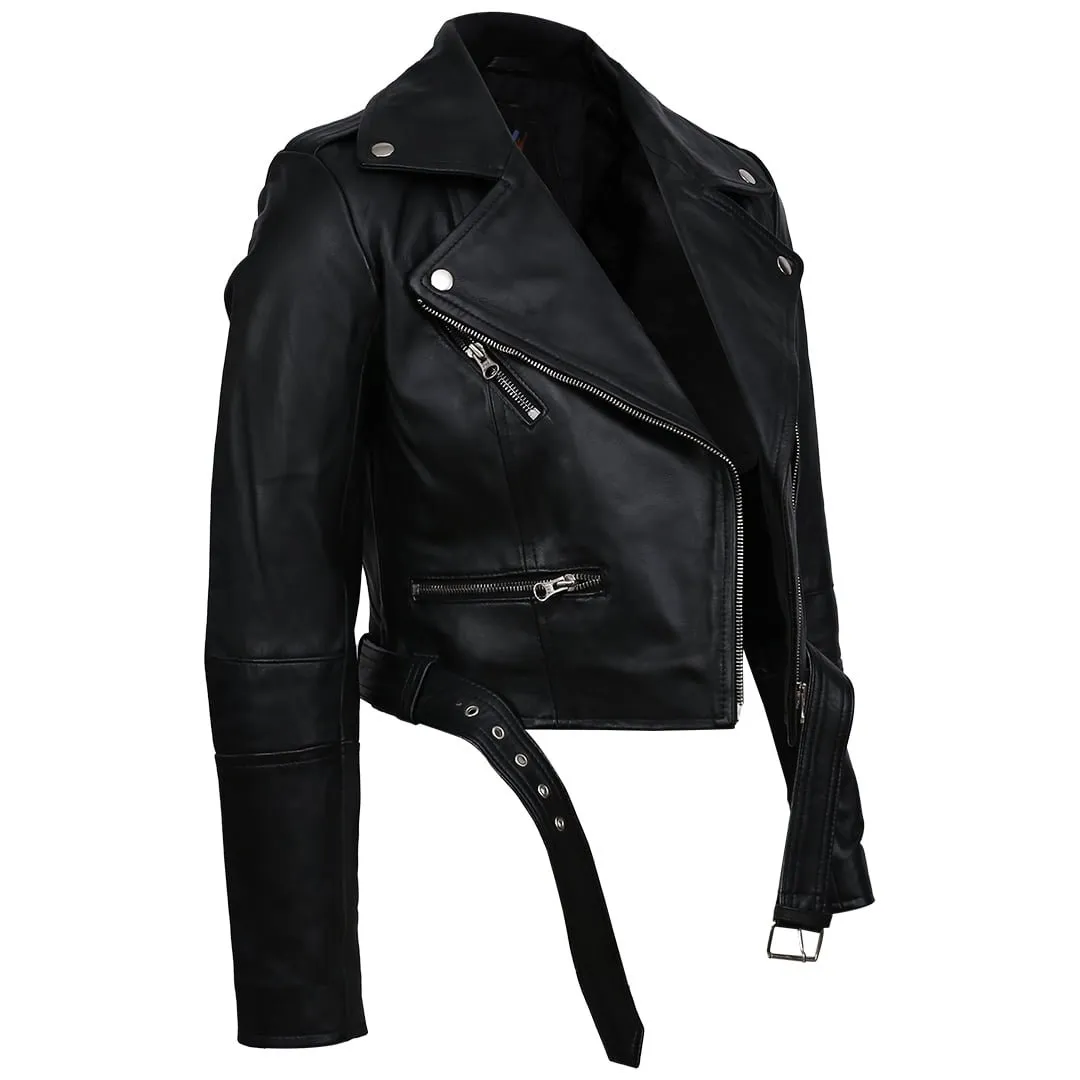 Sheep Leather Short Biker Jacket Black for sale