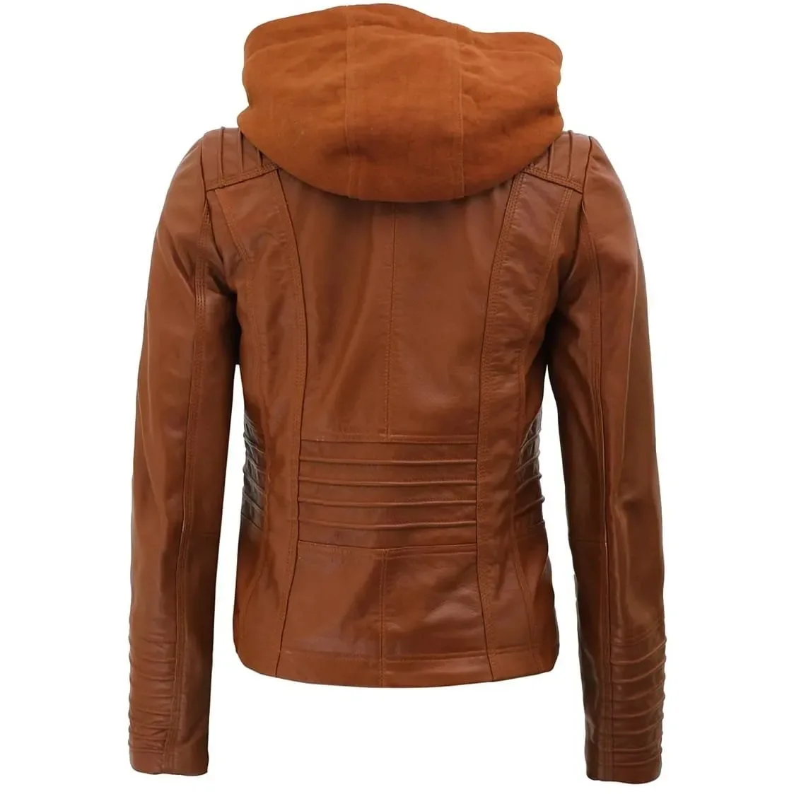 Women Cognac Leather Jacket with Removable Hood for sale