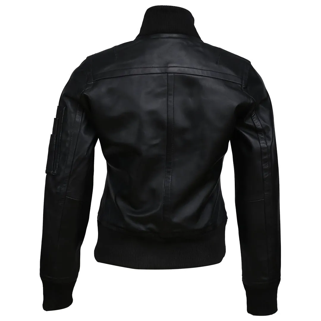 Women Real Sheep Leather Bomber Jacket Black Online