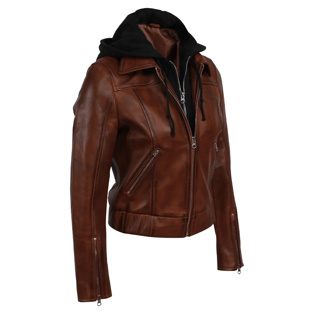 Women Sheep Leather Hooded Bomber Jacket Best Deals