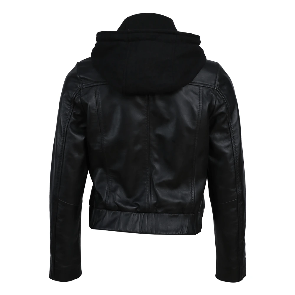 Women Sheep Leather Hooded Bomber Jacket Black Online