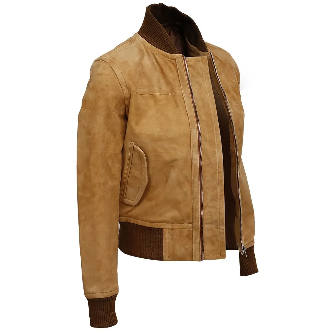 Women Suede Leather Bomber Jacket Cognac Best Deals