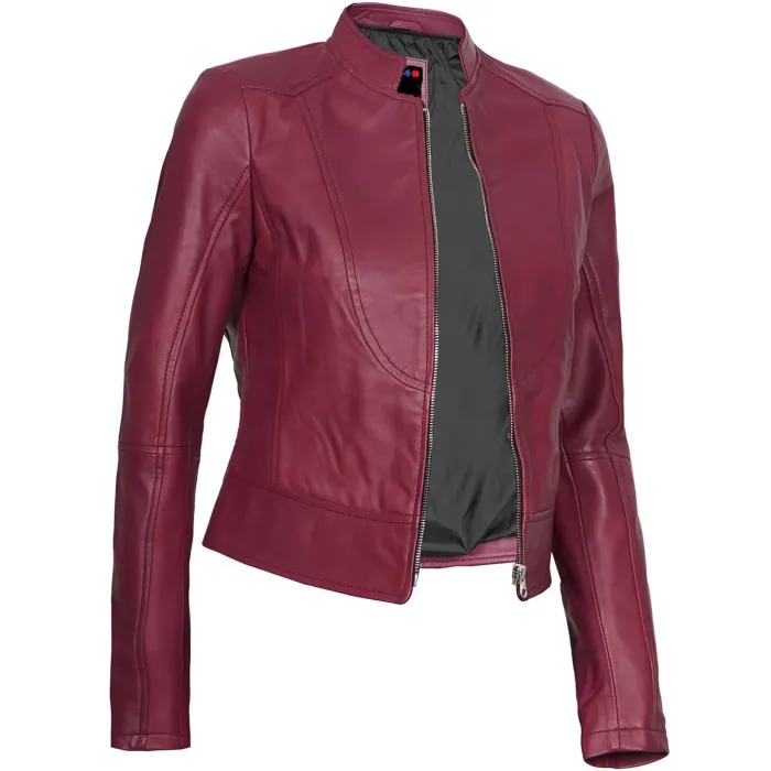 Womens Maroon Biker Leather Cafe Racer Jacket Sale