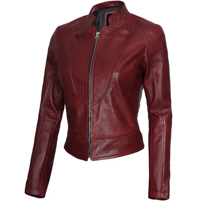 Womens Maroon Vegan Leather Jacket for sale