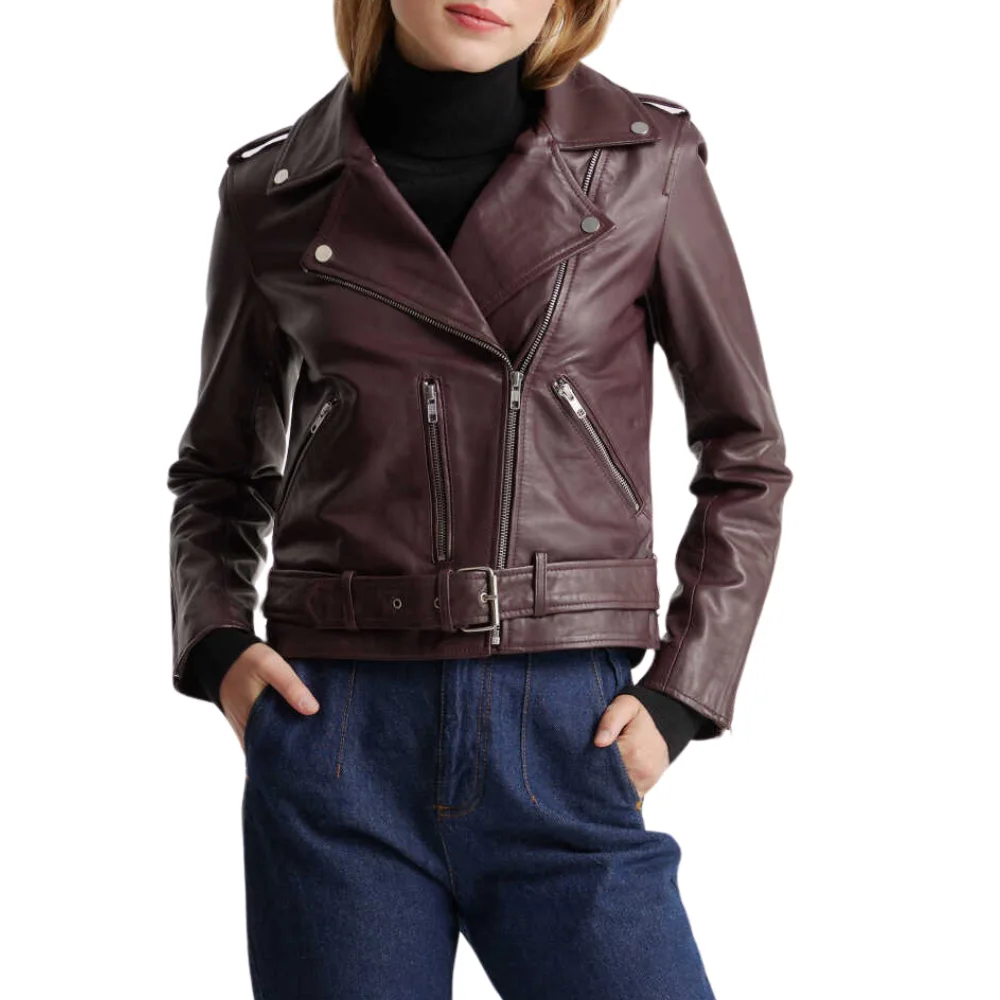 Burgundy Leather Biker Jacket Womens