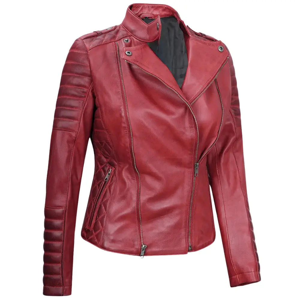 Padded Red Leather Moto Jacket Womens