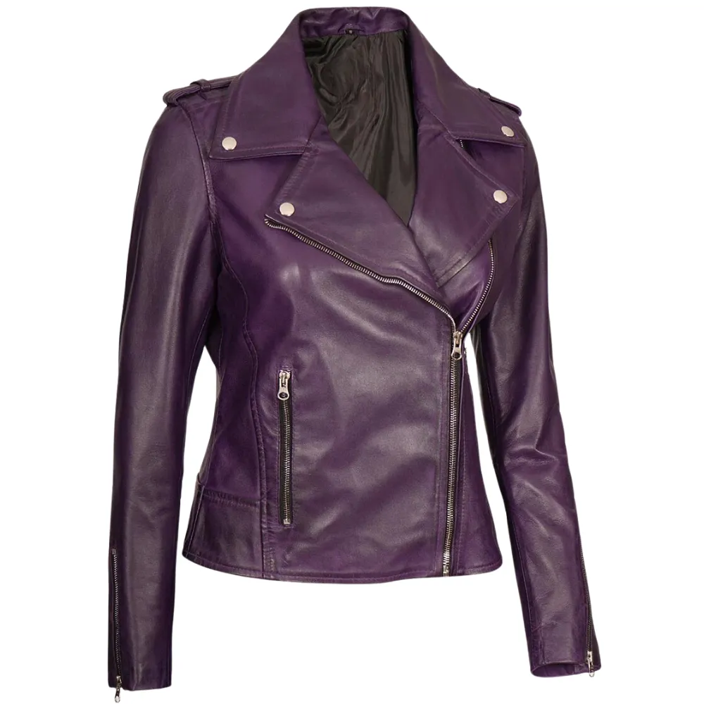 Asymmetrical Purple Leather Biker Jacket