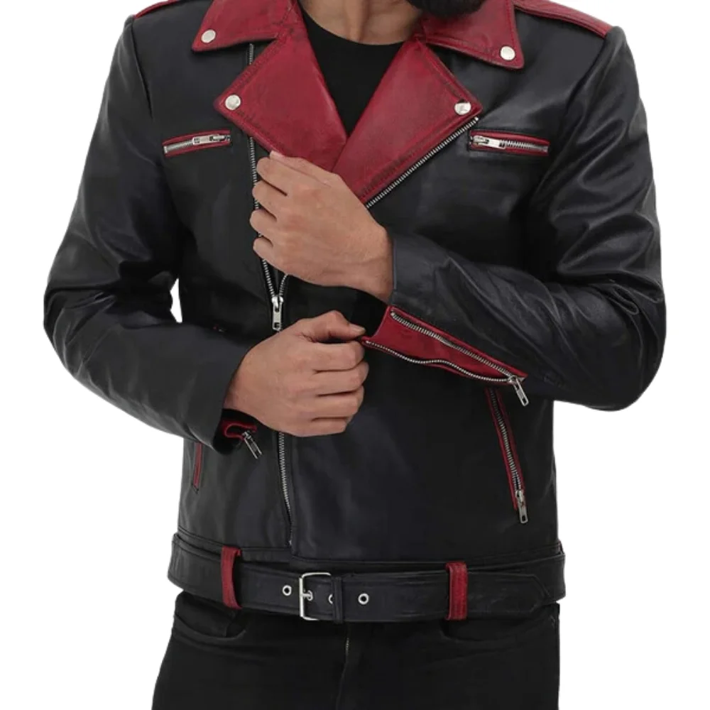 Black And Burgundy Leather Biker Jacket