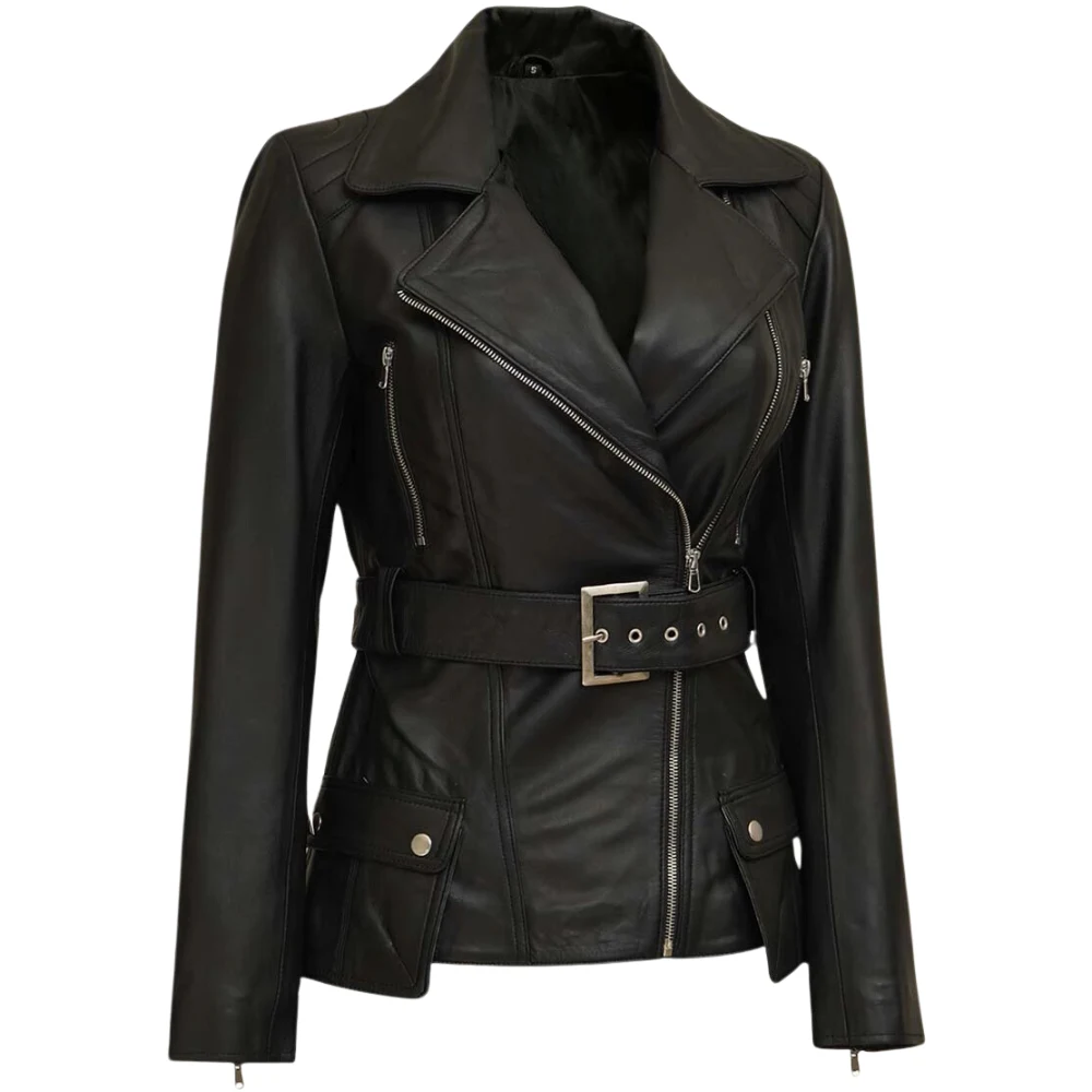 Black Belted Asymmetrical Leather Jacket