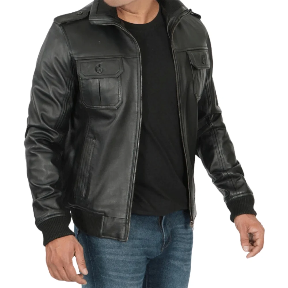 Black Leather Bomber Jacket