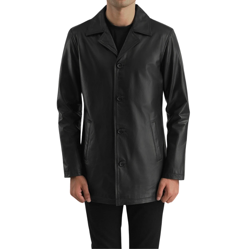 Real Lambskin Black Leather Car Coat Mens