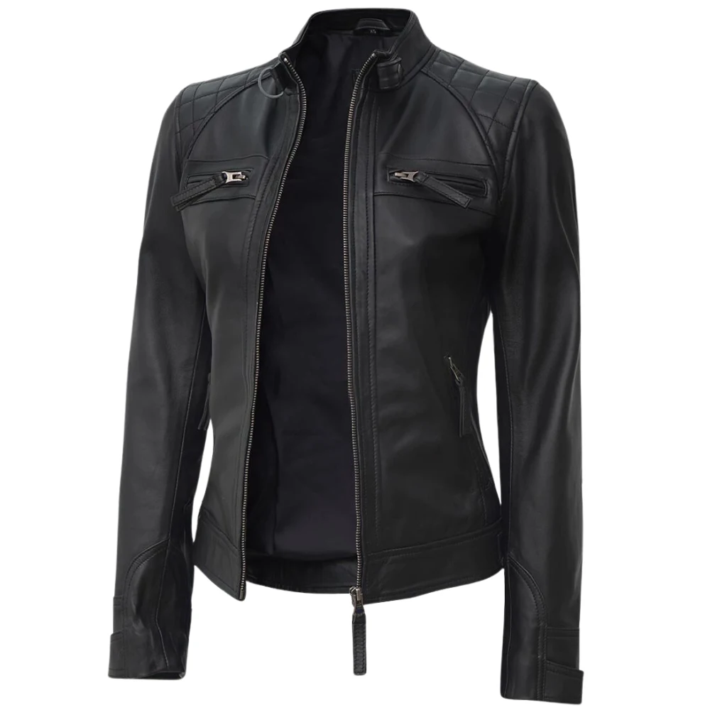 Black Quilted Cafe Racer Leather Jacket