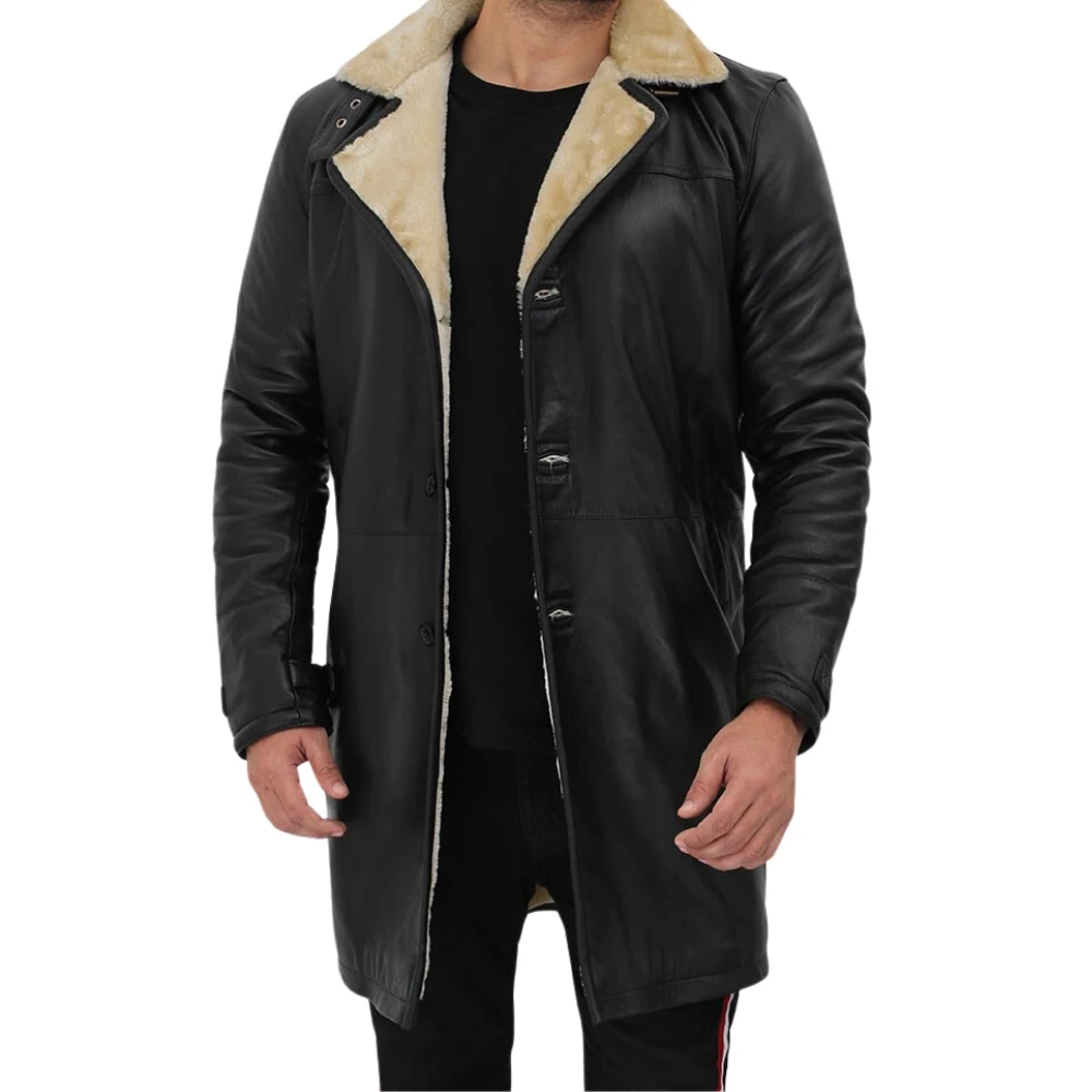 Black Leather Shearling Coat Mens