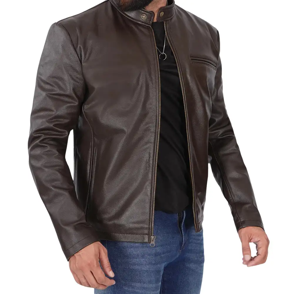 Brown Cowhide Leather Cafe Racer Jaket