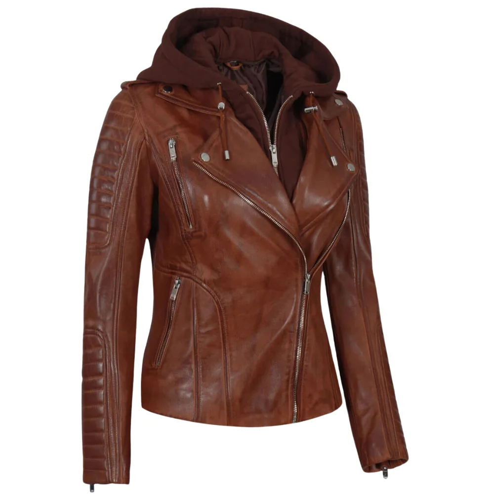 Brown Leather Hooded Biker Jacket