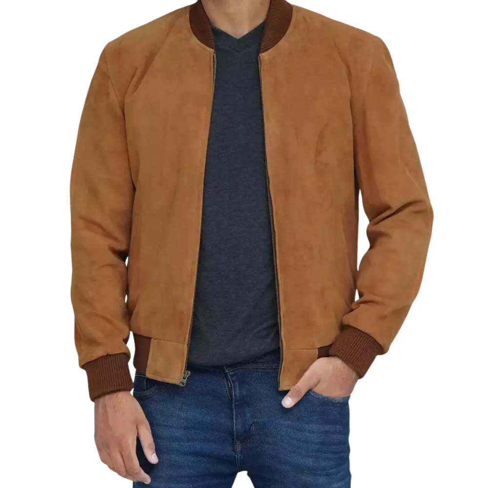 Mens Brown Suede Bomber Jacket