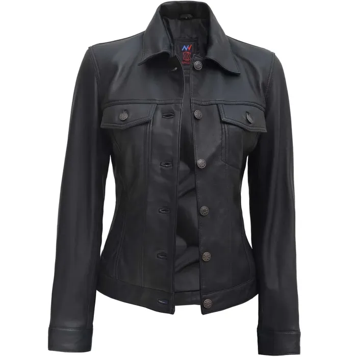 buy Women’s Black Leather Trucker Jacket