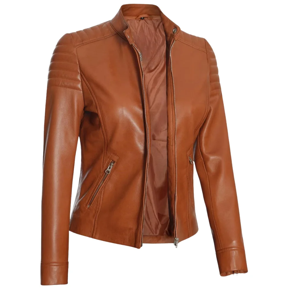 Cafe Racer Leather Tan Biker Jacket Womens