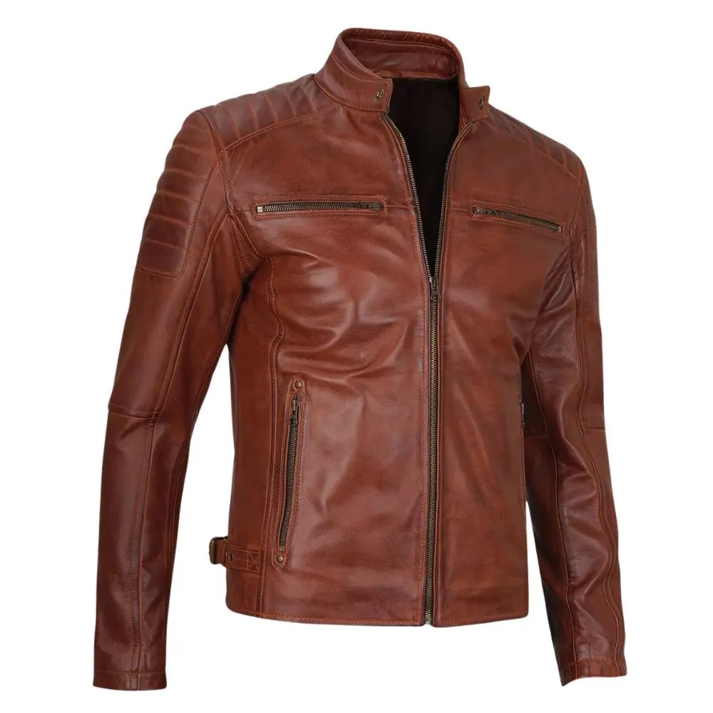 Mens Quilted Leather Cognac Moto Jacket