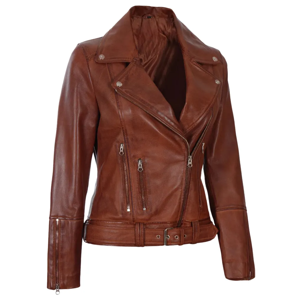 Cognac Brown Leather Motorcycle Jacket