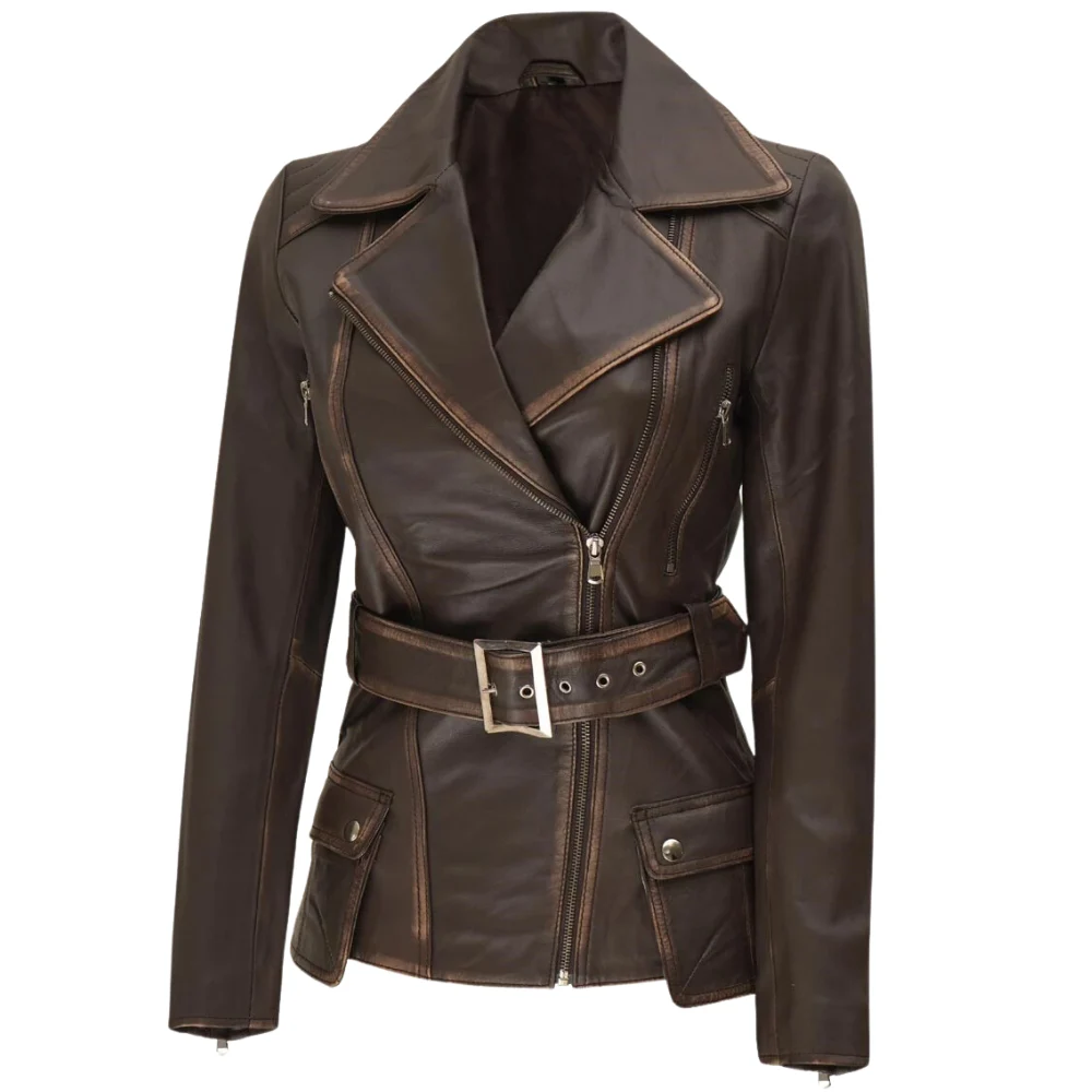 Distressed Brown Belted Leather Jacket