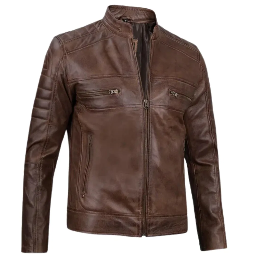 Distressed Brown Leather Biker Jacket