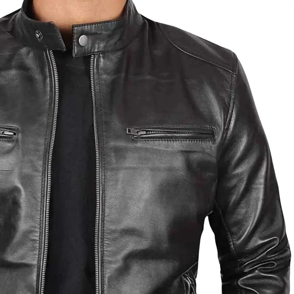 Black Cafe Racer Leather Jacket