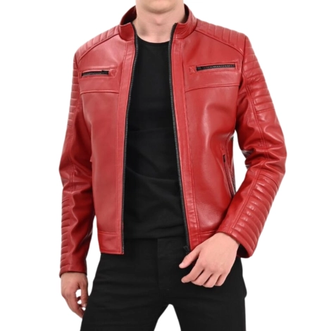 Cafe Racer Leather Red Quilted Jacket