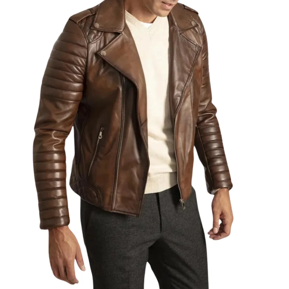 Quilted Brown Biker Leather Jacket