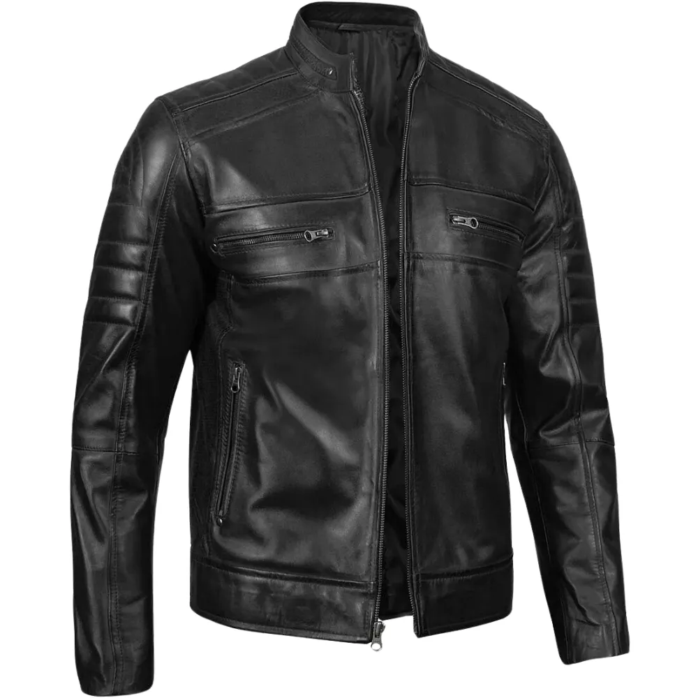 Black Leather Cafe Racer Biker Jacket