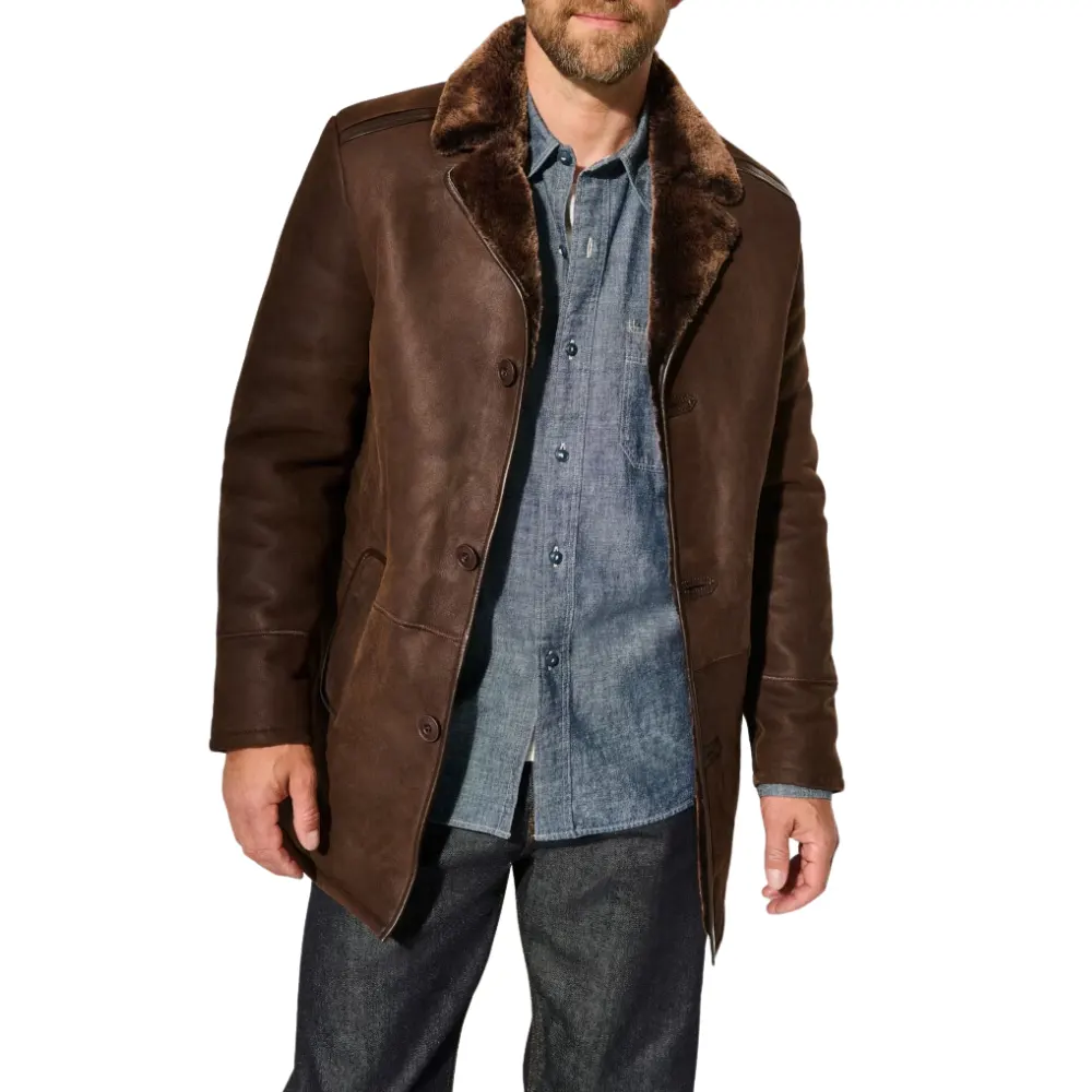 Dark Brown Leather Shearling Coat