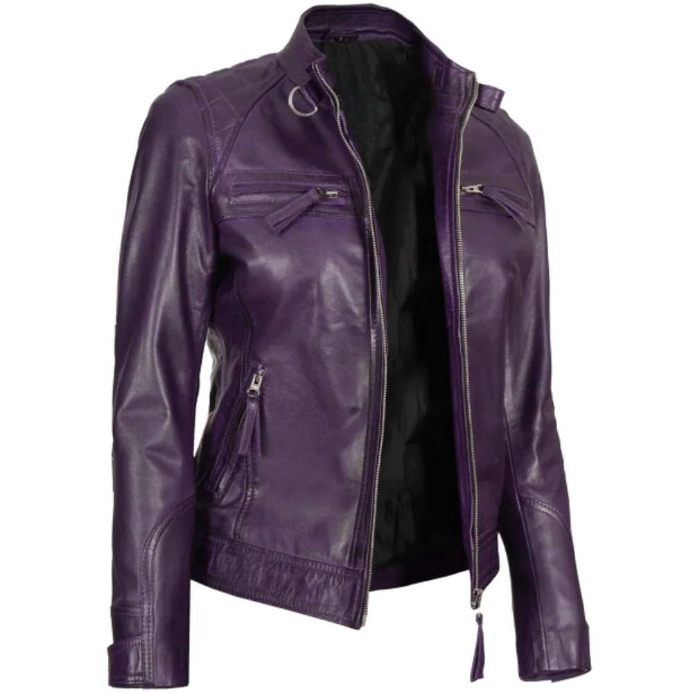 Purple Leather Biker Jacket Womens