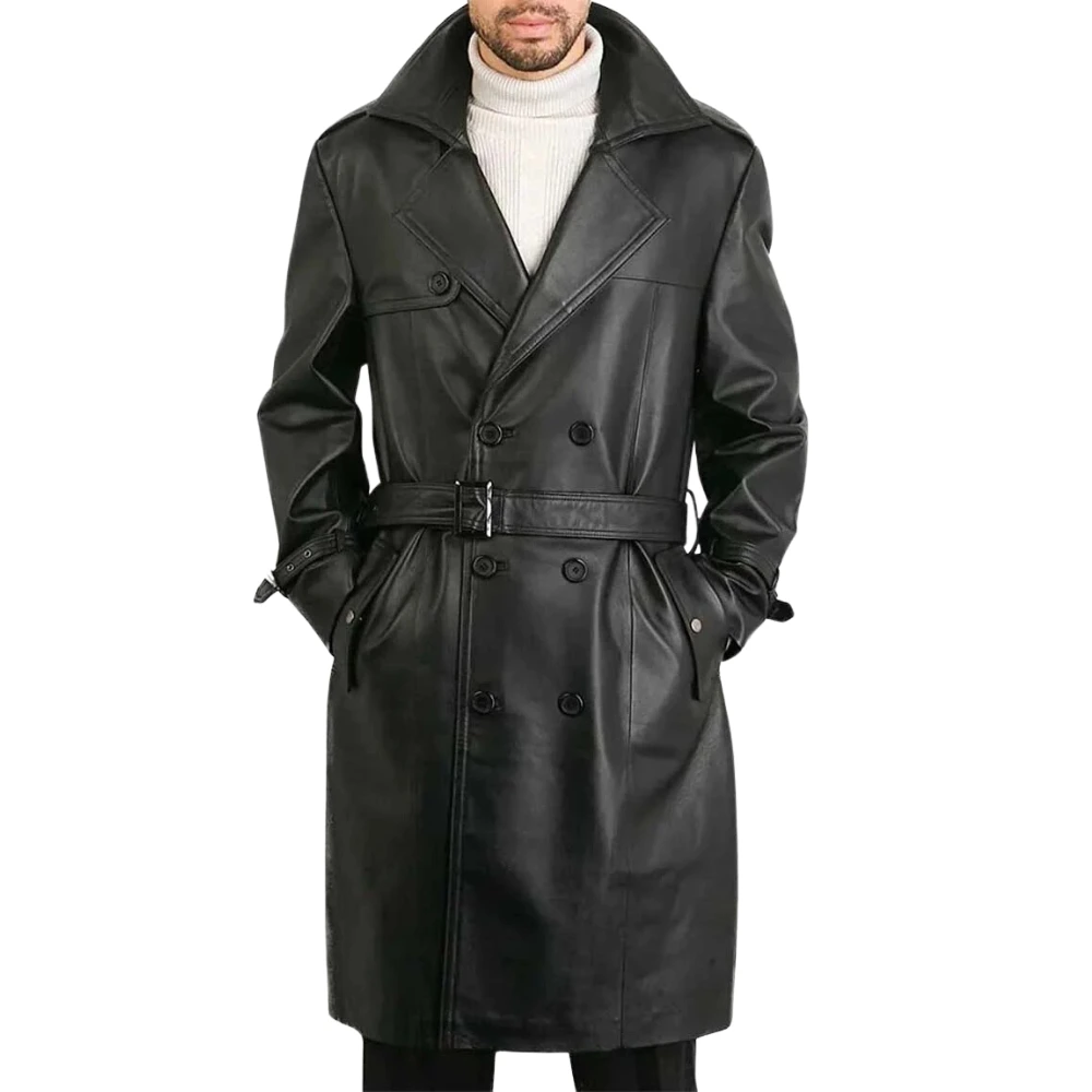 Real Lambskin Black Long Leather Trench Coat