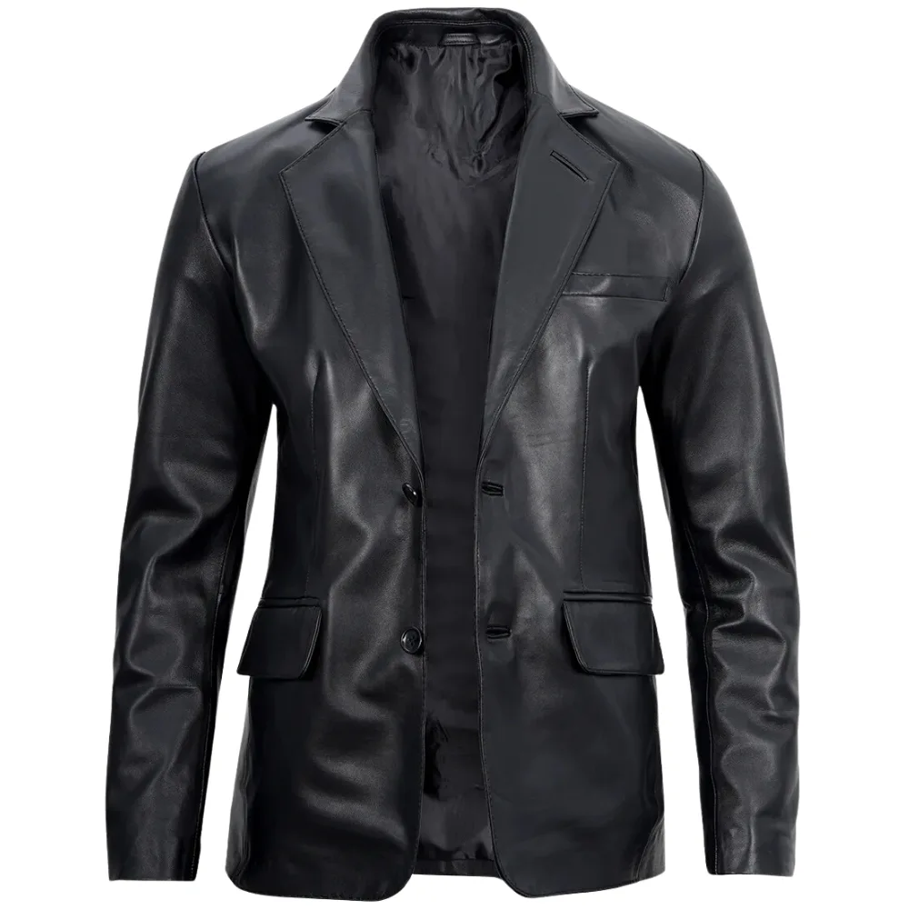 Black Two Button Leather Blazer Mens