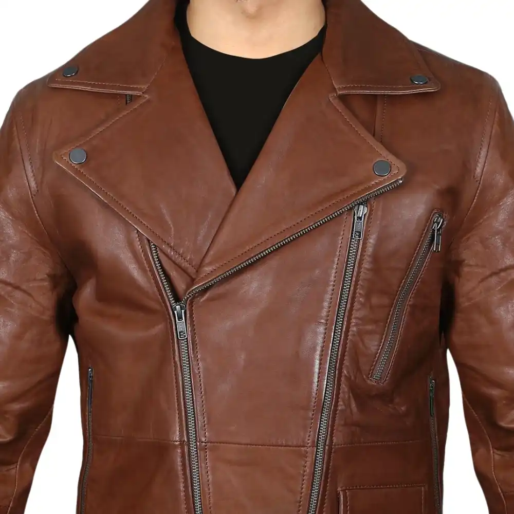 Real Lamsbkin Brown Leather Biker Jacket Mens