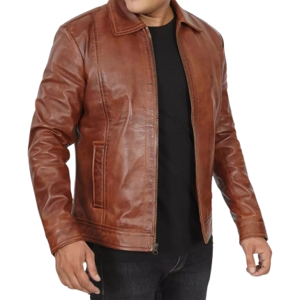 Reeves Shirt Collar Brown Leather Jacket Mens