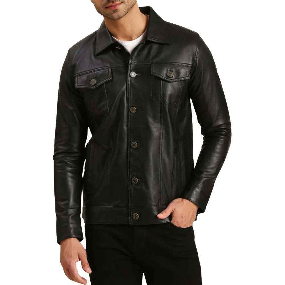 Trucker Sheep Leather Black Jacket