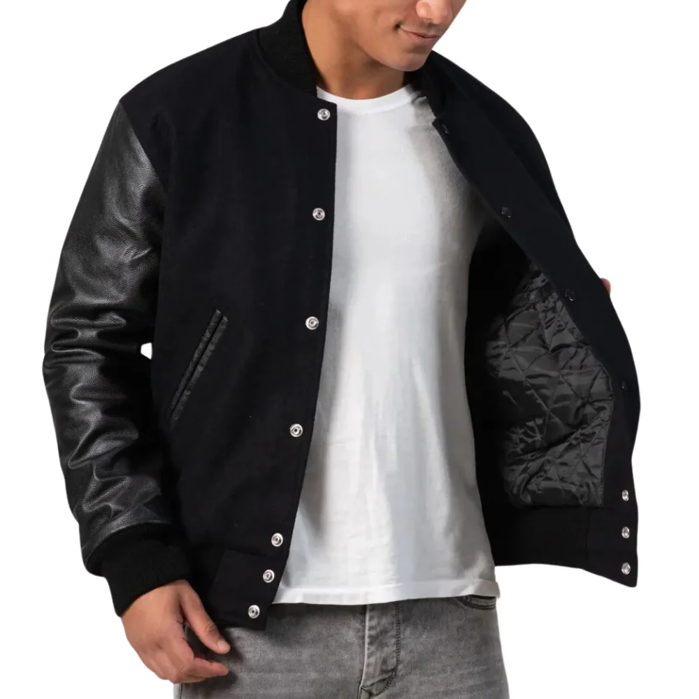 Wool Black Varsity Jacket With Leather Sleeves