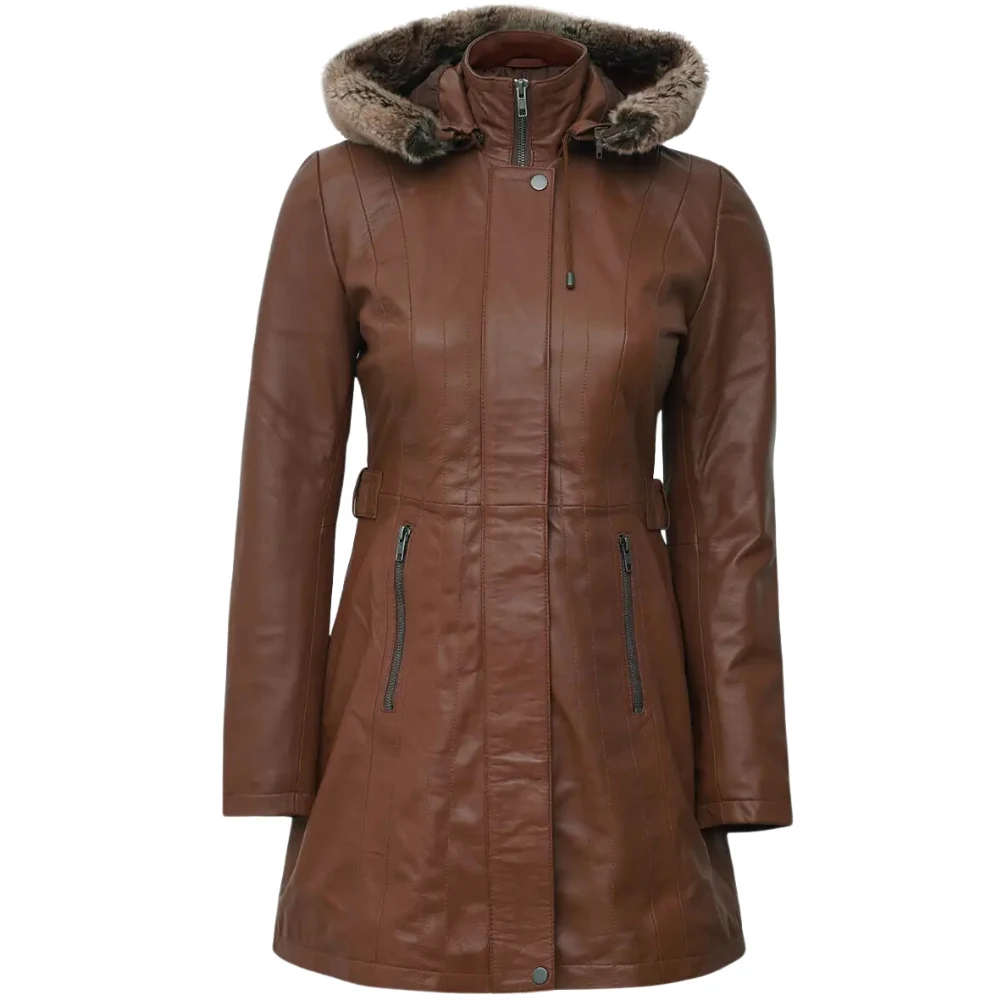 Cognac Lambskin Leather Hooded Long Coat