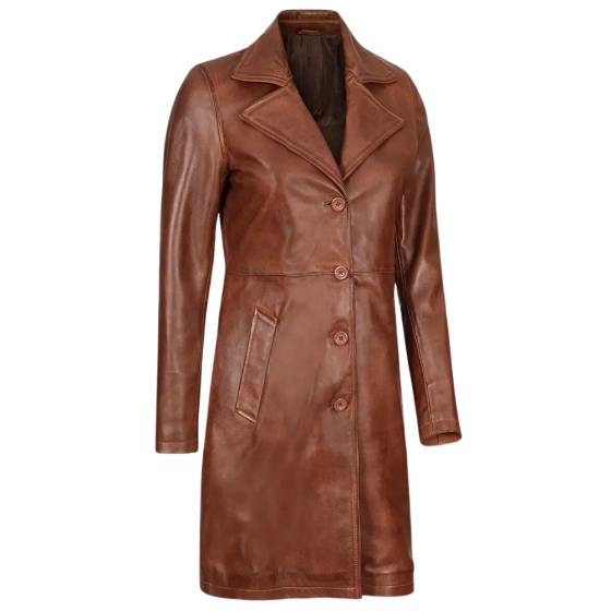 Cognac Lambskin Leather Long Coat