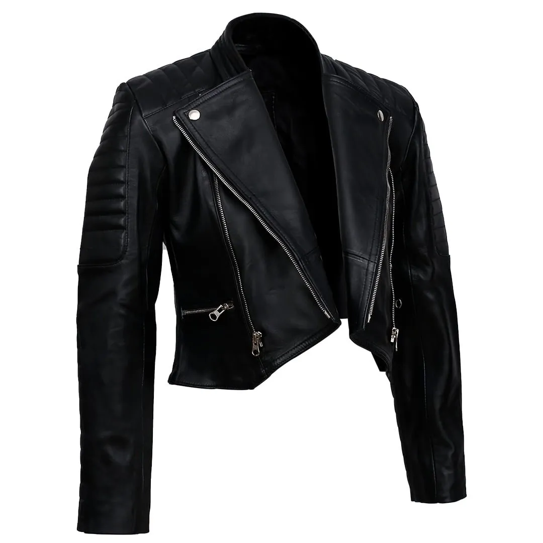 women's cropped leather biker jacket for sale