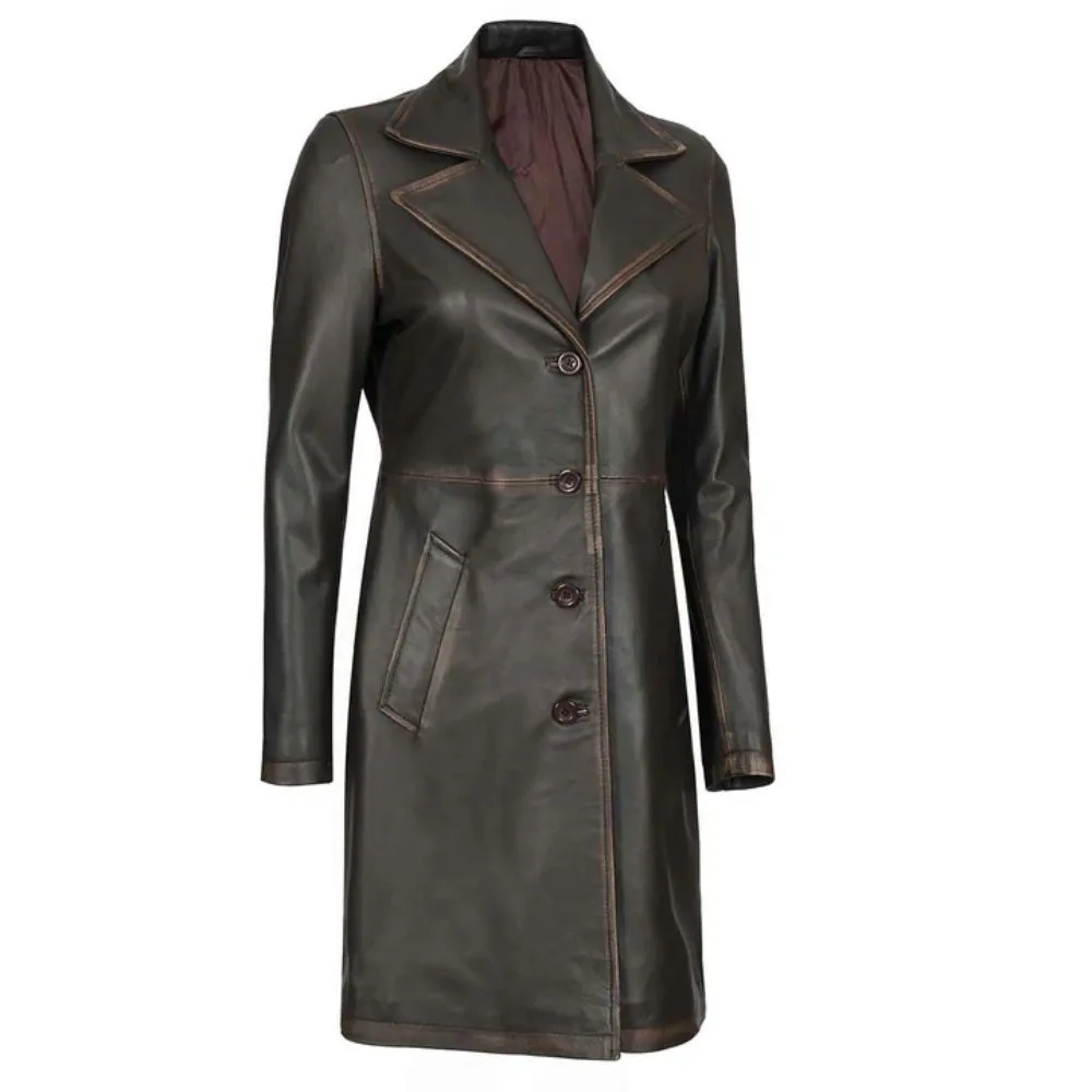 Dark Brown Distressed Leather Long Coat