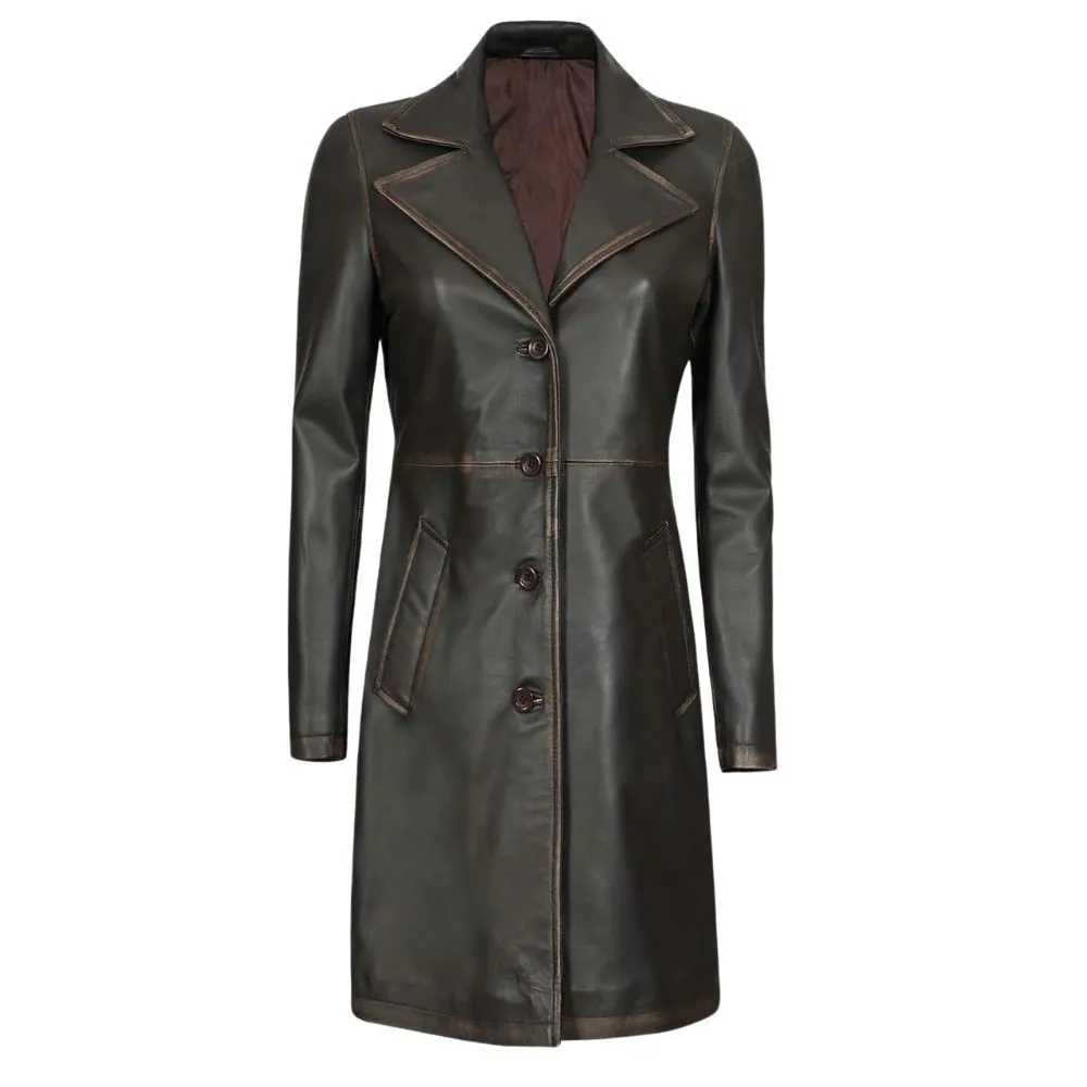 Women's Dark Brown Distressed Leather Long Coat | Buy Today