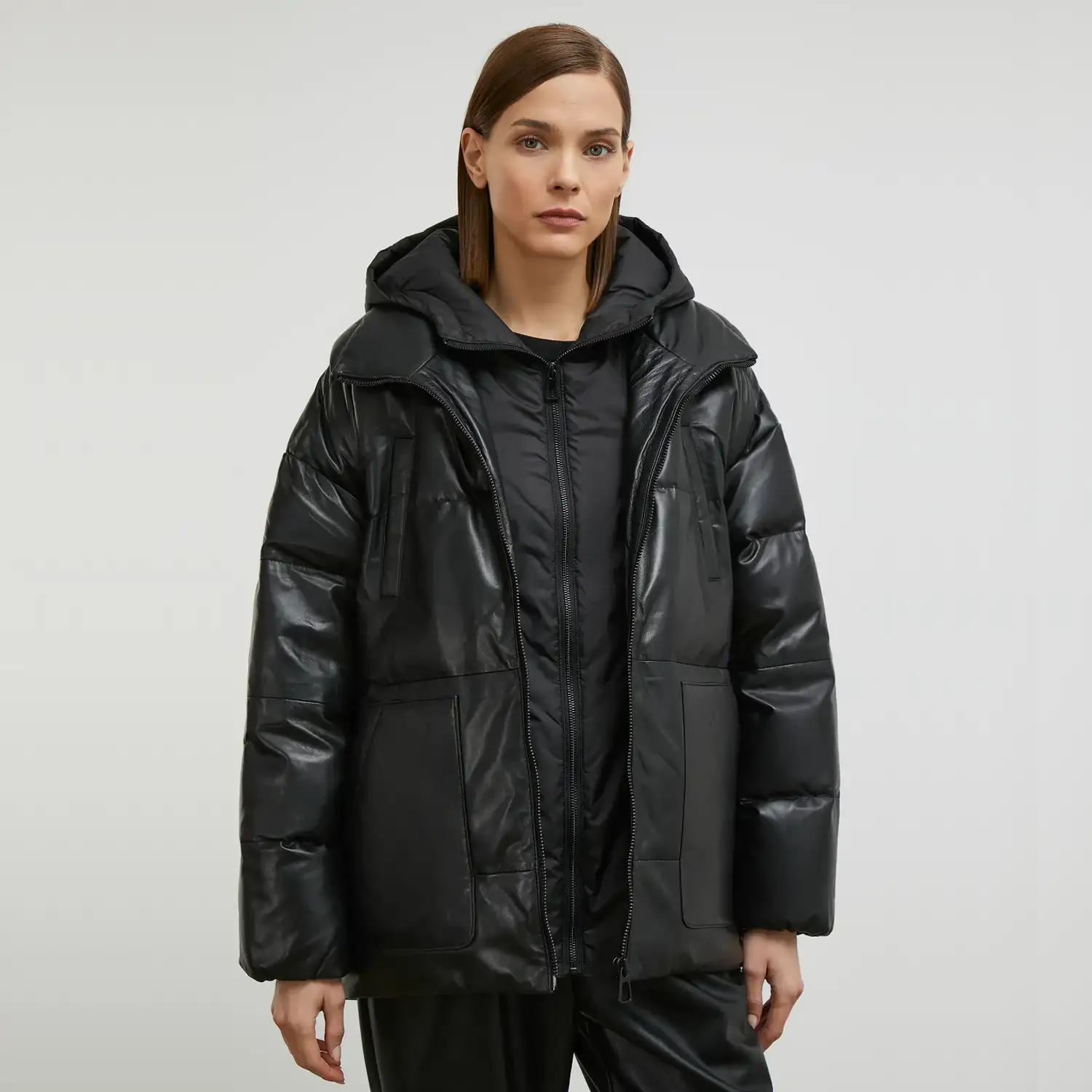 Black-Puffer-Jacket-Women-Front-Open